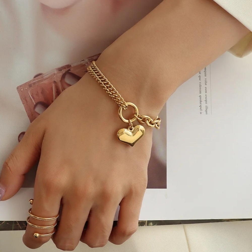 NEW Gold Asymmetric Layered Chain Heart Charm Bracelet - Picture 8 of 8